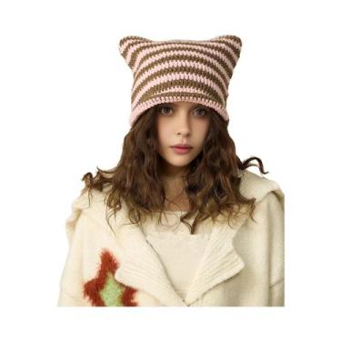 Imagem de Gorro Feminino Com Orelhas De Gato Y2K Listrado De Tricô Quente De Inv