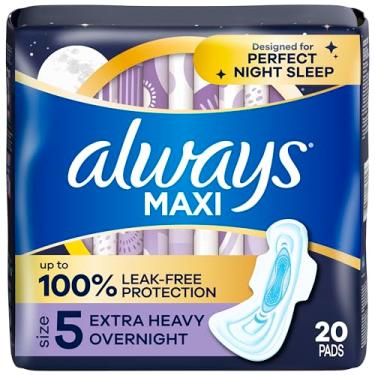 Imagem de Always Absorventes femininos maxi para mulheres, tamanho 5, absorção noturna extra pesada, com asas, sem perfume, pacote com 20