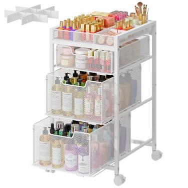 Imagem de JKsmart Organizador de carrinho de maquiagem com 3 gavetas, expositor de cosméticos com divisórias, armazenamento de cuidados com a pele no chão com rodas, organizador versátil para esmalte de unhas