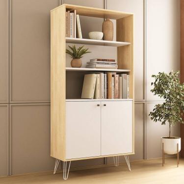 Imagem de Estante para Livros Alta com Pés de Metal 2 Portas 183cmx90cm Carvalho / Branco