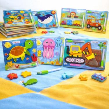 Imagem de Kit 2 Quebra-Cabeças de Madeira Infantil, Temas Sortidos, com Caneta e
