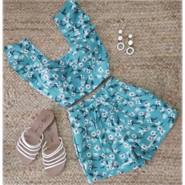 Imagem de Conjunto verde água florido cropped é short - Leblon Boutique