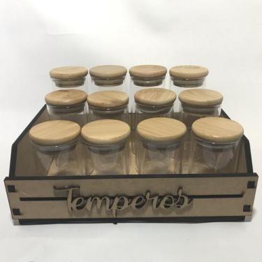 Imagem de Porta Temperos 12 Potes Vidro Hermético Bambu + Suporte MDF - Contém S