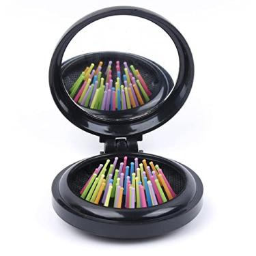 Imagem de jinyi2016SHOP Pente de cabelo dobrável para viagem com espelho redondo dobrável escova de cabelo, pente de massagem de cabelo, ferramentas de pentear arco-íris para mulheres (cor: preto)