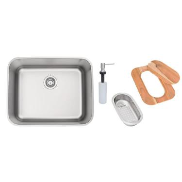 Imagem de Cuba de Embutir Tramontina Dora 50 BL R6 em Aço Inox Acetinado 50 x 40 cm com Válvula e Acessórios