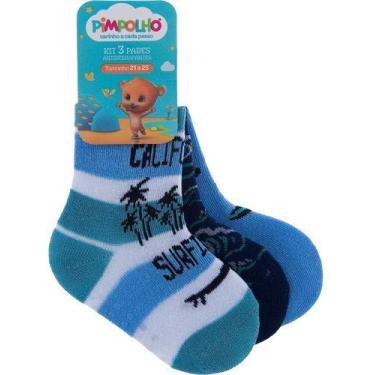 Imagem de Kit Meia 3 Pares Antiderrapantes Pimpolho Tamanho:21-25;Cor:Azul-marinho