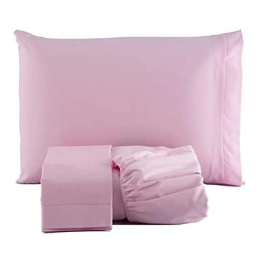 Imagem de Jogo De Lençol Para Cama Casal Queen 03 Peças Ponto Palito Percal 180 Fios Algodão (ROSA)