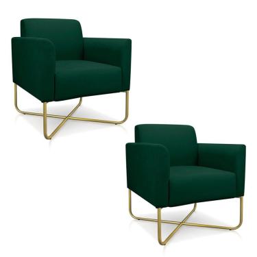 Imagem de Kit 2 Poltronas Decorativas Base Industrial X Dourada Maressa S23 Suede Verde - Ibiza