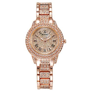 Imagem de Lancardo Relógio de pulso feminino de luxo cheio com cristais brilhantes rosto redondo ouro rosa pulseira quartzo analógico negócios casual vestido relógio de pulso, Estilo A