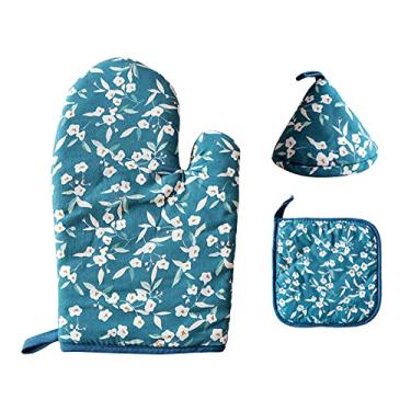 Imagem de 4 peças luvas de forno luvas de cozinha e suporte de panela conjunto luvas de forno algodão macio para cozinha churrasco assar e grelhar cozinhar luvas resistentes ao calor almofadas quentes, azul, conjunto de 4