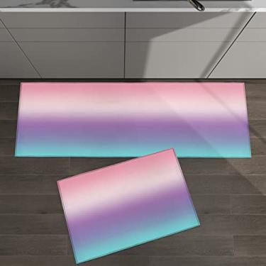 Imagem de Conjunto de 2 tapetes de cozinha ombré rosa roxo azul-petróleo gradiente para tapetes acolchoados e tapetes antiderrapantes absorventes corredor confortável tapete de pé