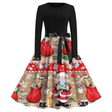 Imagem de UIFLQXX Vestido de coquetel feminino vintage com estampa de Natal, vestido casual, manga comprida, gola redonda, vestido rodado grande, Cáqui, M