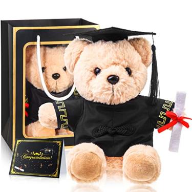 Imagem de Urso com chapéu de formatura de 2022, ursinho de pelúcia com cartão de felicitações e bolsa para presente de dia de formatura (urso de formatura)