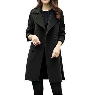 Imagem de BFAFEN Casaco feminino trench coat entalhado gola lapela trespassado casaco elegante manga longa casaco pequeno agasalho, Preto, M