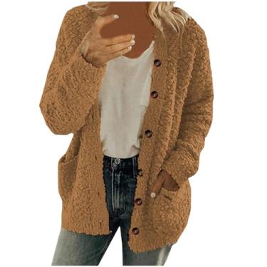 Imagem de Casaco feminino de ovelha com botões e manga comprida, cor sólida, agasalho, plus size, casaco casual de inverno, Café, P