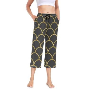 Imagem de KLL Linda calça de pijama feminina elástica plus size cropped calça de dormir de cintura alta para mulheres escama de peixe dourada, Escama de peixe dourada, X-Large