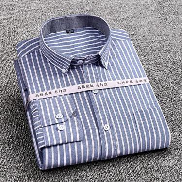 Imagem de Camisa masculina listrada xadrez Oxford manga longa confortável respirável gola botão design slim fit vestido masculino Y-3 cinza, 44-5GG
