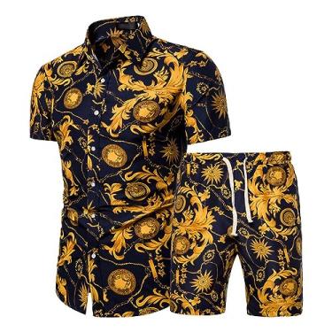 Imagem de Conjunto de shorts havaianos com estampa tropical masculina, 2 peças, camisetas polo atléticas com ombro caído, Cor 4, Medium