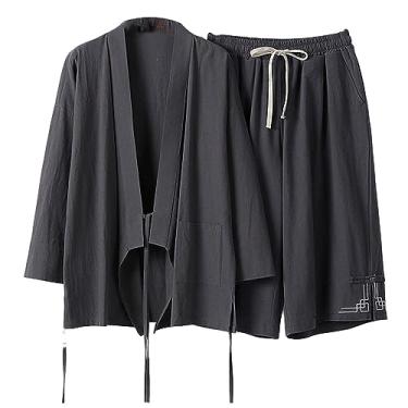 Imagem de Conjunto masculino de 2 peças, cor lisa, com cordão, cintura e camisa polo de linho, terno chinês, Cinza, Large