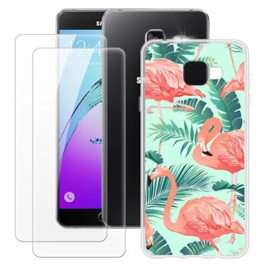 Imagem de MILEGOO Capa para Samsung Galaxy A7 2016 + 2 peças protetoras de tela de vidro temperado, capa de TPU de silicone macio à prova de choque para Samsung Galaxy A7 2016 (5,5 polegadas) Flamingo