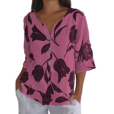 Imagem de Camisa feminina manga 3/4 de linho, estampa floral, gola V, túnica de botão, casual, de verão, solta, Vermelho, P