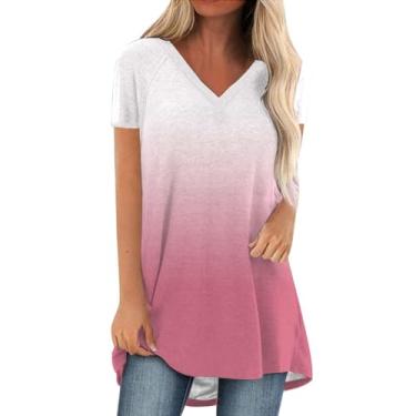 Imagem de Camisetas femininas de manga curta com estampa tie dye gradiente gola redonda casual verão ajuste solto camisetas longas básicas, rosa, P