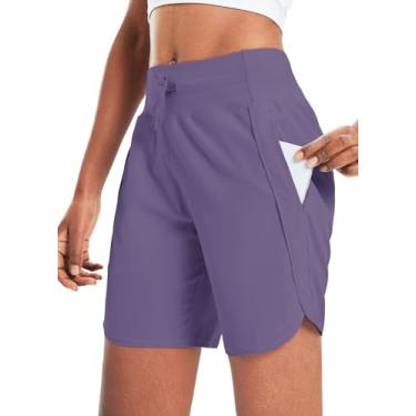 Imagem de BALEAF Short feminino atlético de corrida longo de 17,78 cm para treino, academia, secagem rápida, caminhada, cintura alta, bolso com zíper, Roxo claro, G