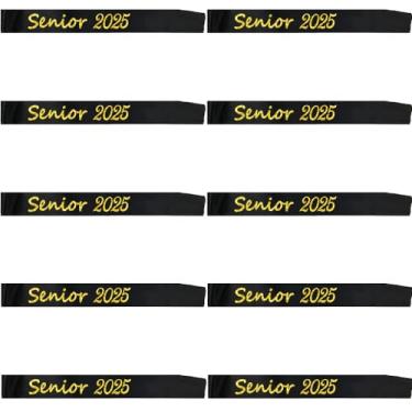 Imagem de SWYOUN 10 peças glitter sênior 2023 faixa de cetim líder de torcida faixa de formatura decoração de festa aula de 2023 artigos de festa de celebração (ouro)