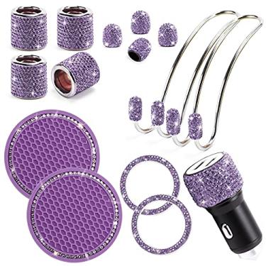 Imagem de ToBeQueen Conjunto de acessórios de carro roxo Bling para mulheres 15 peças, porta russa de carro brilhante, adaptador de carro roxo brilhante, ganchos brilhantes para pendurar, bonés de pneus brilhantes, anéis de apoio de cabeça brilhante, anel de pressão para começar a brilhar (roxo)