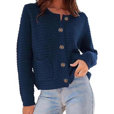Imagem de Feminino outono e inverno cor sólida em torno do pescoço de malha commuter retro casual cardigan manga longa seção curta feminina, azul escuro, m
