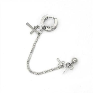 Imagem de conjunto brinco de argola masculino feminino em aço inox prata cruz cr