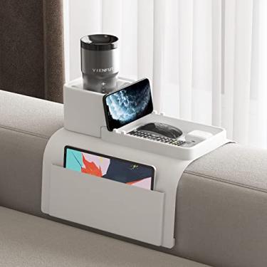 Imagem de Vienfut Suporte de silicone para sofá, bandeja de apoio de braço antiderrapante antiderramamento, livre de BPA, bandeja de silicone resistente à sujeira para controle remoto, lanches, celular e iPad, presente para família, amigos (Griege)