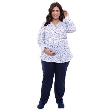 Imagem de Pijama Longo Grávida Plus Size Amamentação Inverno Floral Linda Gestan