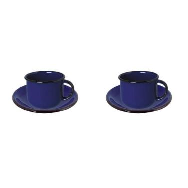 Imagem de Par Xícara 120ml com Pires Esmaltados Premium Café Azul - Ewel