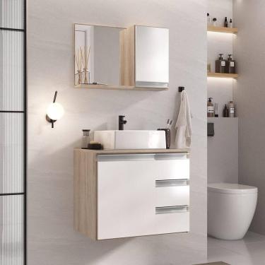 Imagem de Conjunto Gabinete Banheiro Prisma 60cm - Gabinete + Cuba + Espelheira - Com Vidro Madeirado Branco