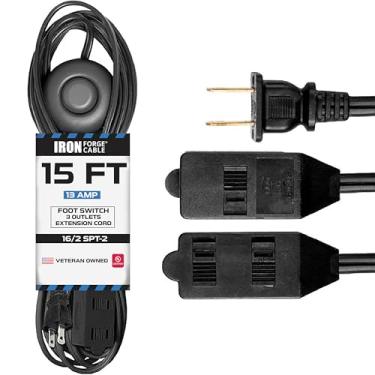 Imagem de Iron Forge Cable Cabo de extensão de 3 interruptores de pé de 4,5 m, cabo de extensão preto de 13 Amp com interruptor de pisca, cabo de lâmpada interna 16/2 ótimo para pequenos eletrodomésticos - 16