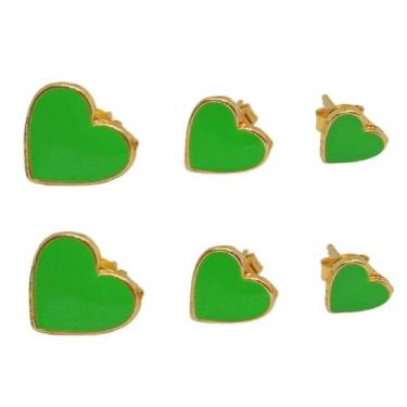 Imagem de Trio brinco resinado neon coração verde folheado semijoia - ENZO FOLHE