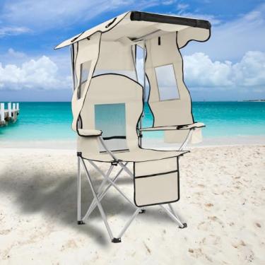 Imagem de PLKO Cadeiras de acampamento com dossel, cadeira de gramado quadriciclo portátil para adultos, cadeira reclinável dobrável com suporte para copos, eventos ao ar livre e sombra - suporta 150 kg, branca