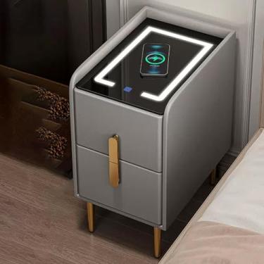 Imagem de Mesa de cabeceira estreita para quarto com estação de carregamento, mesa de cabeceira moderna com gavetas, pequenas mesas laterais de madeira com armazenamento, duas gavetas, com luz, economiza
