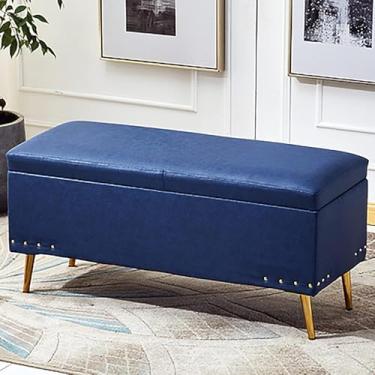 Imagem de Banqueta para pés otomana de couro sintético macio, decoração retangular moderna para móveis, bancos multifuncionais, banco de armazenamento luxuoso, azul, 60 x 40 x 45 cm (24 x 16 x 18 polegadas)