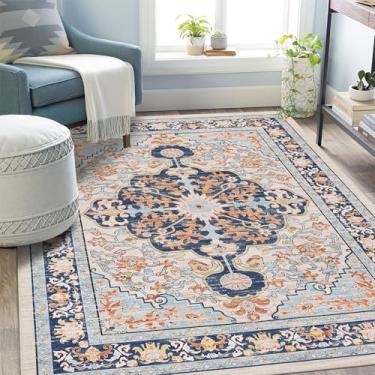 Imagem de U'Artlines Boho Vintage Tapete de área 12 x 18 cm lavável à máquina Tapete macio antiderrapante antiderrapante para sala de estar, quarto, entrada, sala de jantar, escritório, laranja e azul