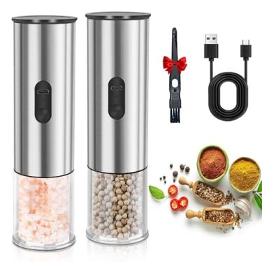 Imagem de Enutogo Moedor Elétrico de Sal e Pimenta, Automático, Aço Inoxidável e Cerâmica, Prata, 5 Níveis de Espessura, LED, Recarregável via USB-C