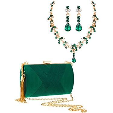 Imagem de Henoyso Bolsa de mão feminina com strass, conjunto de joias para festa de formatura com franja, bolsa de mão para noite, colar de casamento, conjunto de joias, Poliéster, poliéster