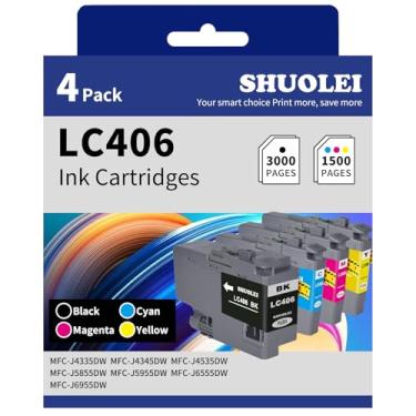 Imagem de SHUOLEI Cartucho de tinta LC406 compatível com LC406 LC406XL rendimento padrão funciona com MFC-J4335DW MFC-J4345DW MFC-J4535DW MFC-J5855DW MFC-J5955DW MFC-J6555DW MFC-J6955DW (pacote com 4, BK/C/M/Y)