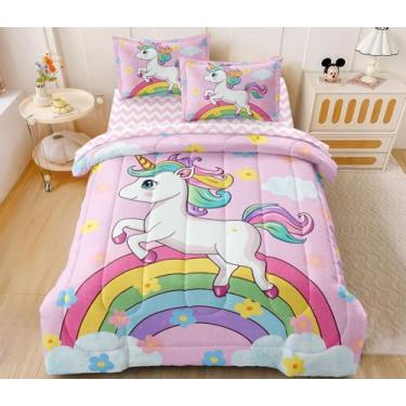 Imagem de SIRDO Jogo de cama solteiro de unicórnio arco-íris, rosa, 5 peças, 1 edredom com elástico e 2 fronhas para decoração de quarto de crianças e adolescentes para todas as estações