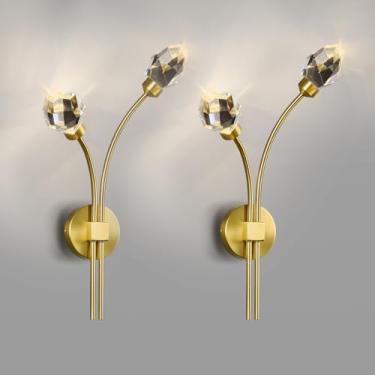 Imagem de zhllmq Conjunto De Arandelas De Parede Modernas Douradas Com Dois Arandelas De Parede Led 4000K Luminária De Parede De Cristal De Luxo Para Sala De Estar, Quarto, Banheiro, Corredor, Escada, Pentead