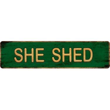 Imagem de Placa de rua de metal vintage SHE SHED - 10 cm x 40,6 cm em decoração de arte de parede - Retro Tin Ben Dover Lane Room Home Bar Pub Cafe Decor Sinais