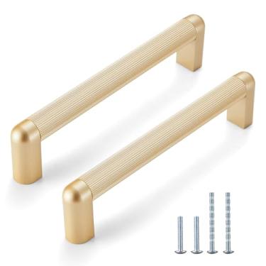 Imagem de L&lonpa Pacote com 10 puxadores de armário dourados foscos - 128 mm com espaçamento de parafuso, ferragens sólidas duráveis para armário, puxadores modernos para cozinha, quarto, banheiro, cômoda