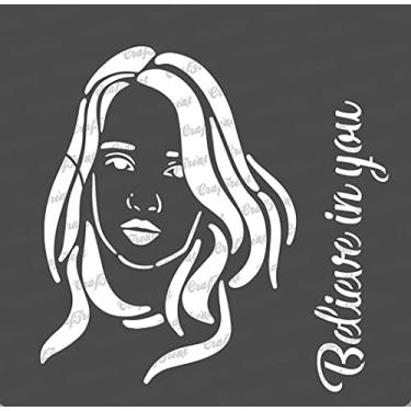 Imagem de CrafTreat Estêncil de rosto de menina para pintura em madeira reutilizável - Be Strong - 15 x 15 cm - Estêncil de rosto feminino para pintura em tecido - Estêncil reutilizável de pintura facial para pintura em tela
