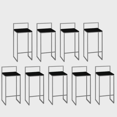 Imagem de Kit 09 Banquetas Alta Com Encosto Lino Industrial Balcão Bistrô Ferro Cinza mdf Madeira Preto - Ahz Móveis